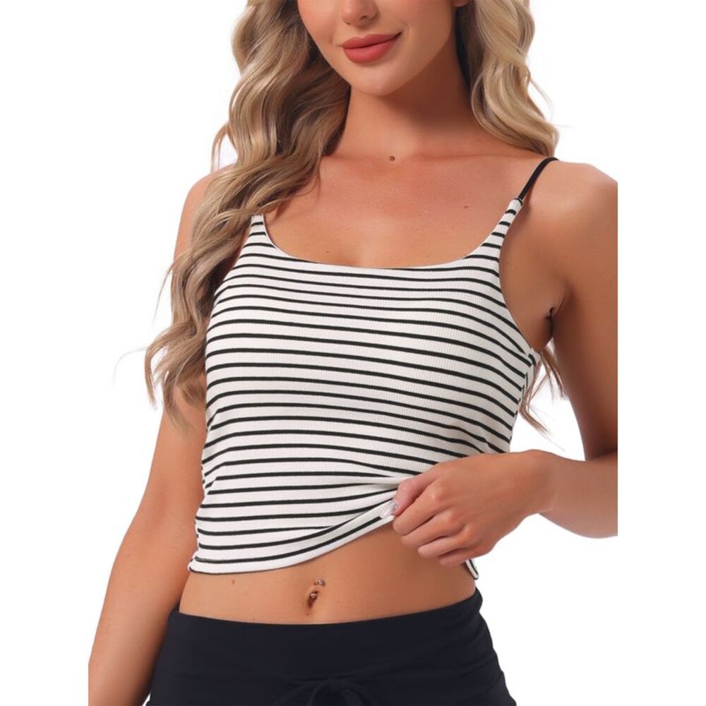 Women's Cotton Striped Rib Cami Built-in Bra Cami Tops White with Black Stripe